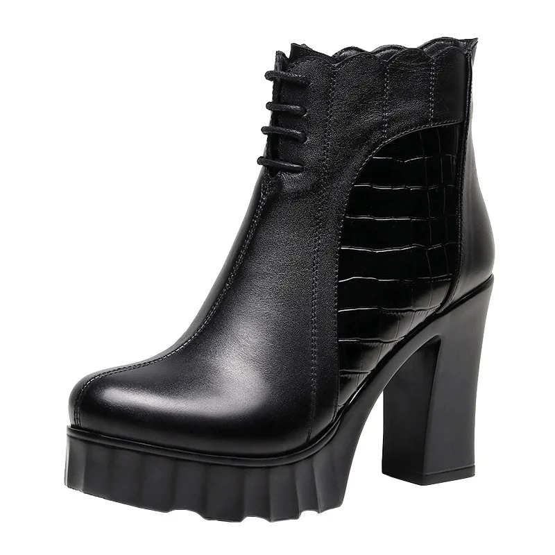 

10cm Small Size 32-43 Elegant Fashion Soft Leather Boots Women Platform Shoes Winter Block High Heels Ankle Boots Office