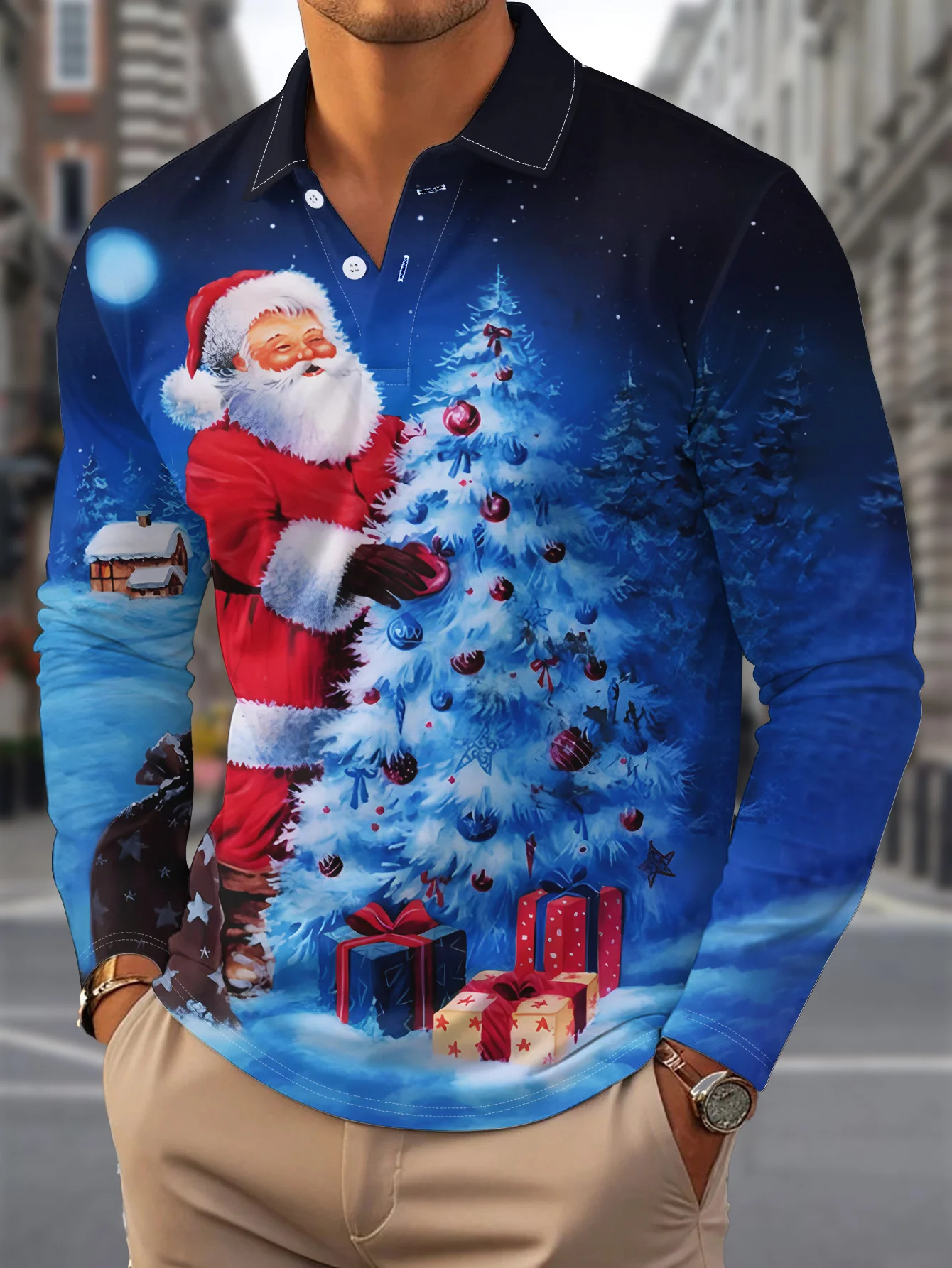 

Мужская рубашка-поло с длинным рукавом с рождественским принтом, праздничный праздничный дизайн с сезонными узорами, идеально подходит для вечеринок и торжеств