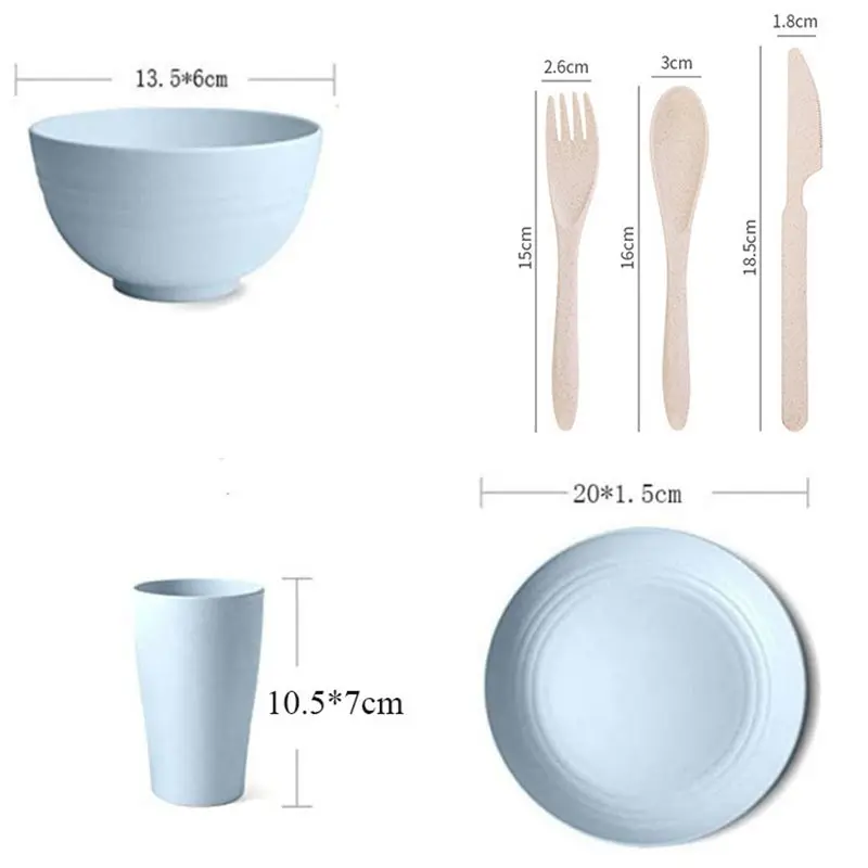 24 Piece Set Wheat Straw Tableware Sets,Bowls,Cups,Plates,Knives, Forks,Spoons,Anti Fall Home Restaurant Set,Nordic Plates