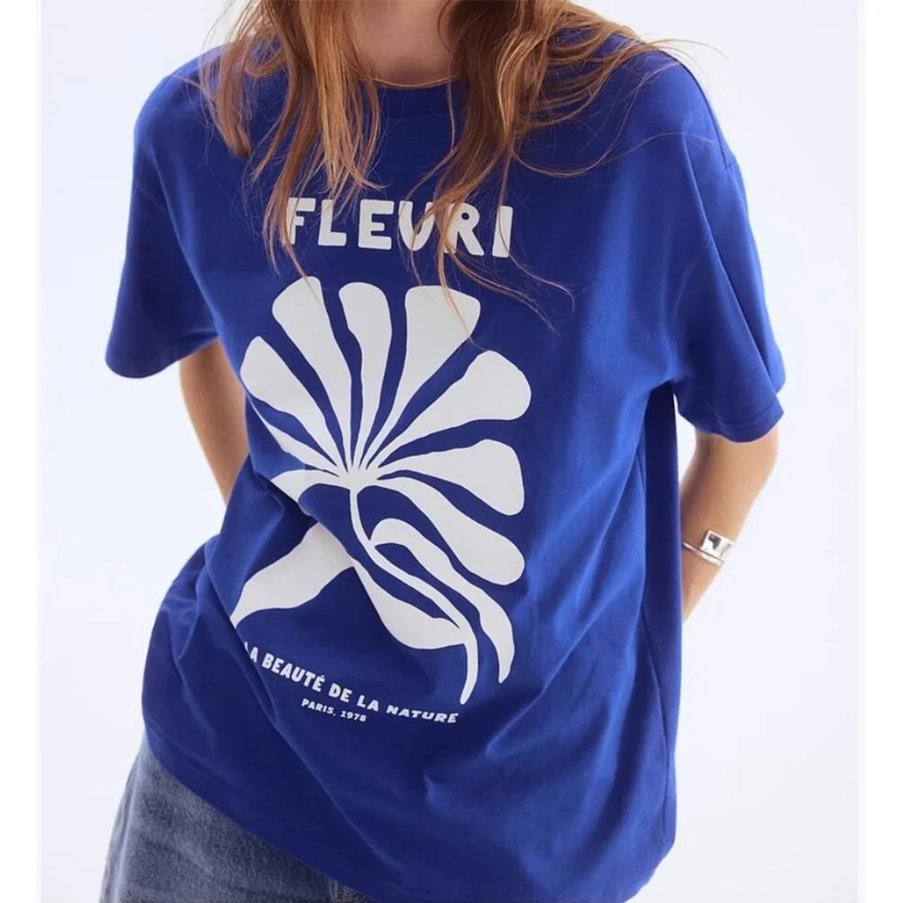 French Retro Style Letters Printing Royal Blue Printing T Shirts Summer Short Sleeve Loose Cotton Tops 80's 90's Elegant Tees