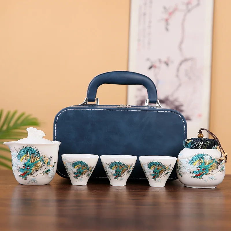 Yangzhi Jade One Pot Three Cups Gift Box Household Light Luxury Ceramic Travel Set Gaiwan Tea Cup Handbag Customizable