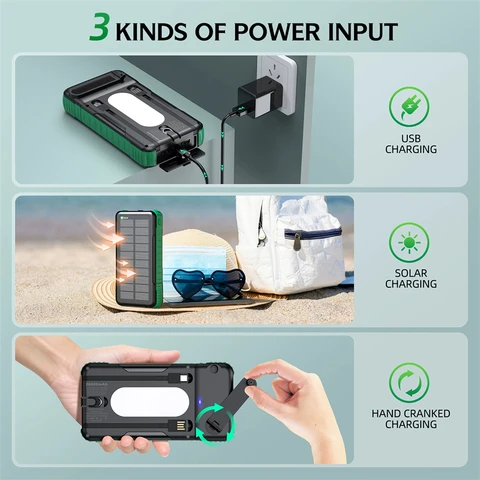 Ручная рукоятка Solar Power Bank 20000, водонепроницаемое портативное зарядное устройство Powerbank для iPhone, Samsung, Huawei, Xiaomi, внешняя запасная батарея