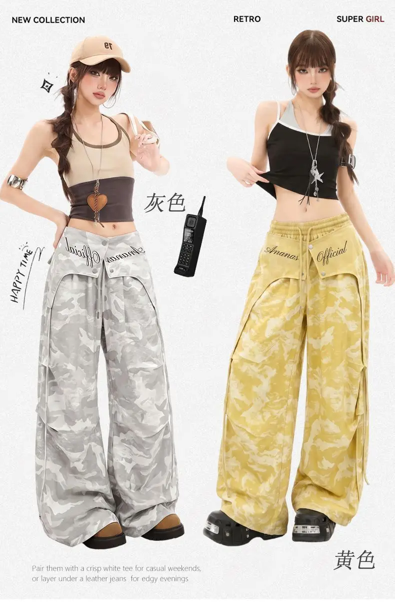Y2K Alt Egirl Camo Wide Leg Cargo Pants Fake Flap Pocket Letter Drawstring High Waist Baggy Women Street Casual Trousers Gray