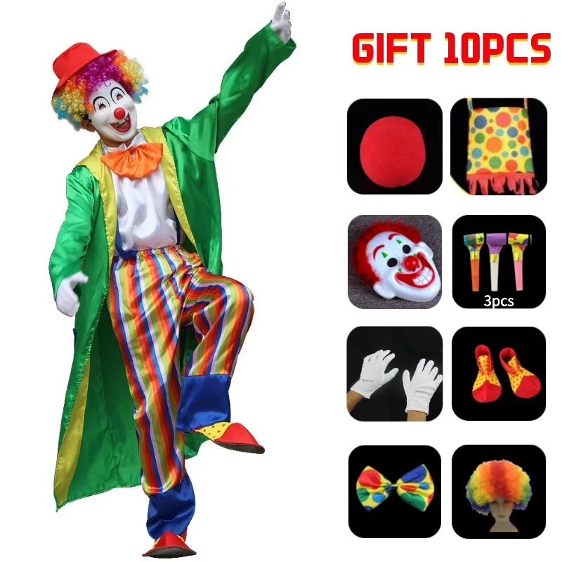 Adult Clown Suit Costume Set including clothing, Wig, Nose, Mask, Clown Bag, Shoes, Circus Props for Fiesta Circus Party