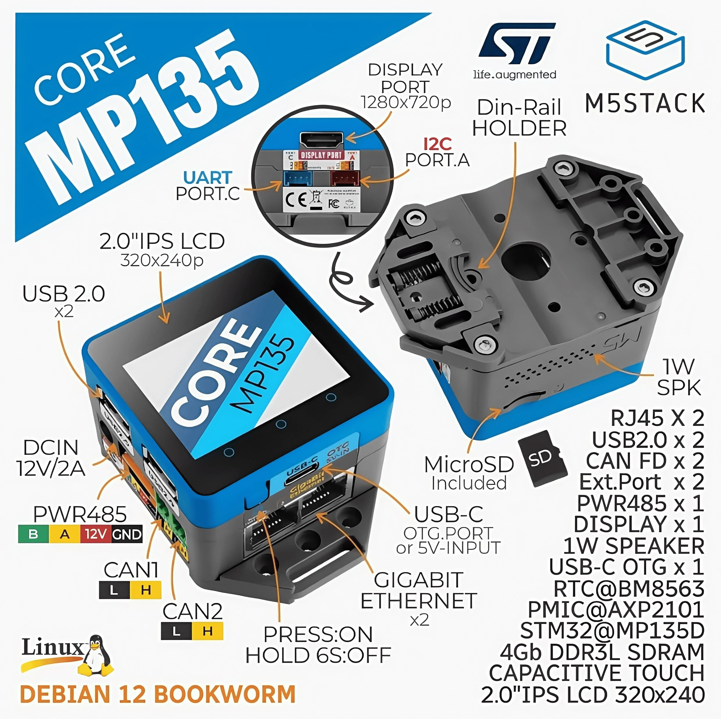 

M5Stack CoreMP135 интегрированный хост промышленного управления micro Linux STM32MP135D