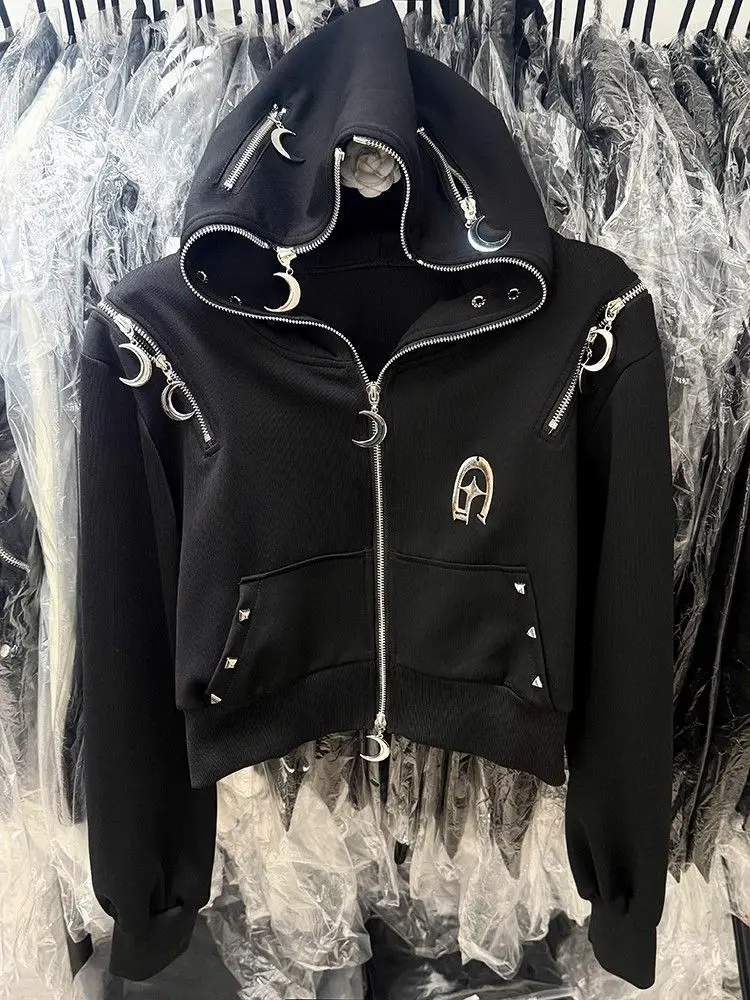 الأمريكية الرجعية هوديس المرأة القمر برشام القوطية الجرونج فضفاض الخريف Y2k 2000s الجمالية Harajuku الستر سستة الإناث البلوز #3