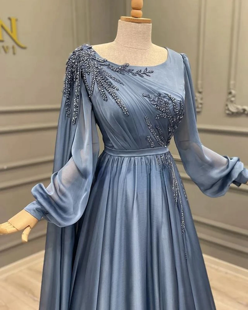 A-line Scoop Neck Arabia Prom Evening Dresses Cap Shoulder Long Sleeves Beaded Sequins Formal Party Gowns Robes De Soirée