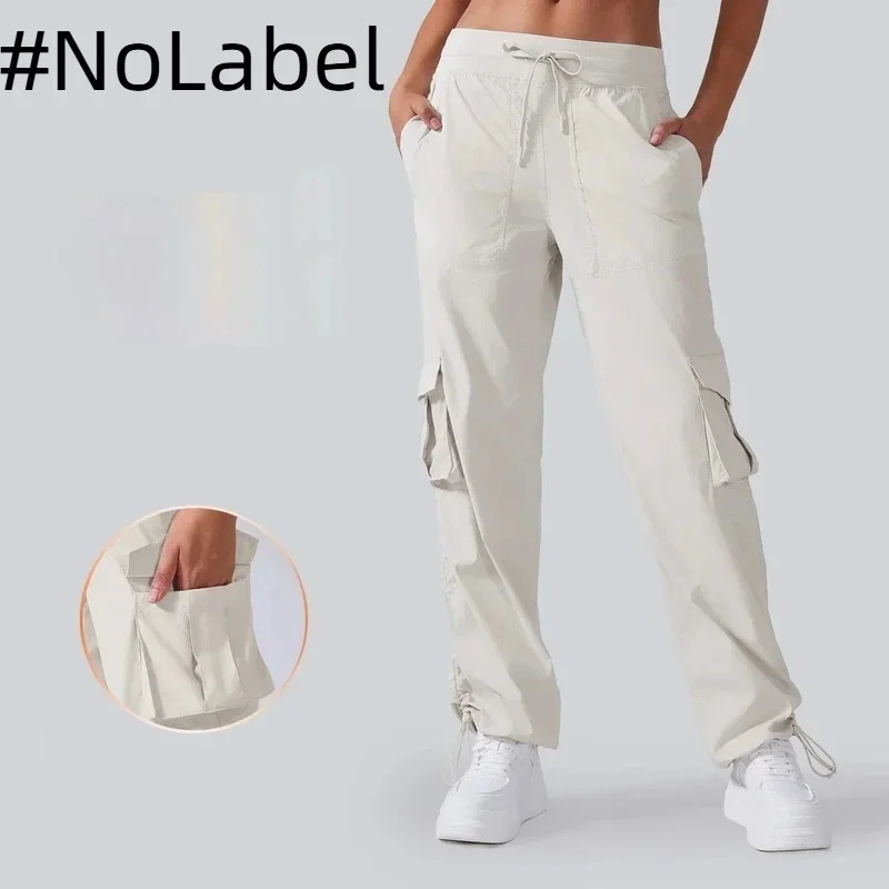 NoneLabelCollection Lightweight Outdoor Running Pants Women Drawstring Large Pocket Wide Leg Cargo Loose Casual Pants