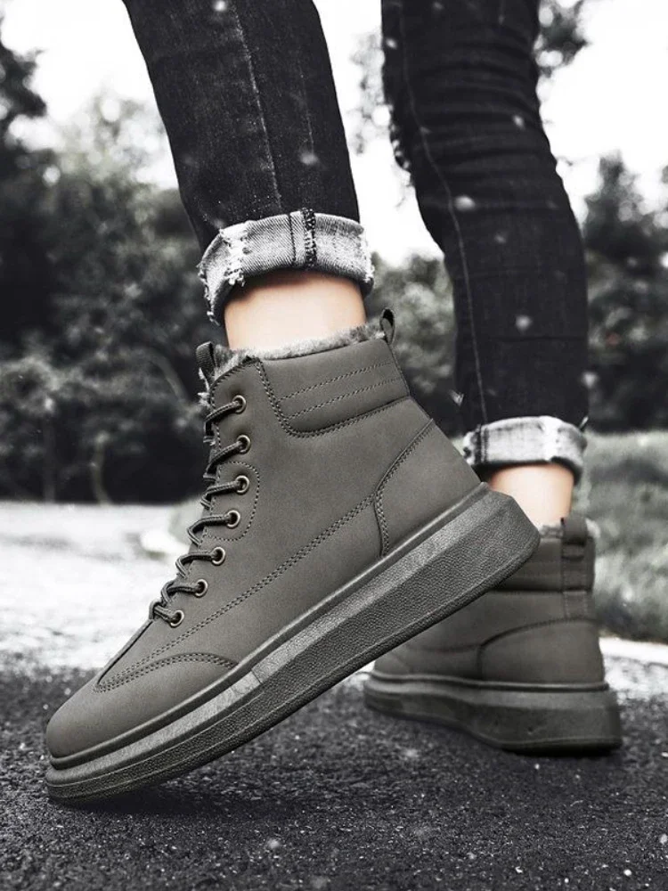 

Men's Winter Shearling Lined Snow Boots Thickened Fleece Cotton Warm Lace Up Thick Sole Shoes New Height Increasing