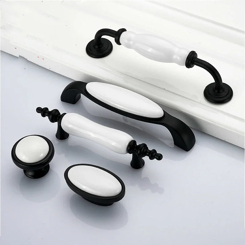 Ceramic Black White Cabinet Handles Drawer Knobs Zinc Alloy Wardrobe Door Handles Pulls Simple European Furniture Handle