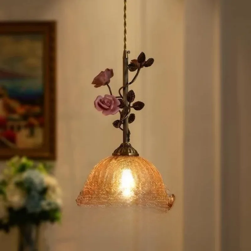 French Country Rose Glass Pendant Light Bedroom Study Entryway Mid Century Creative Atmosphere LED Home Decor Hanging Lamp