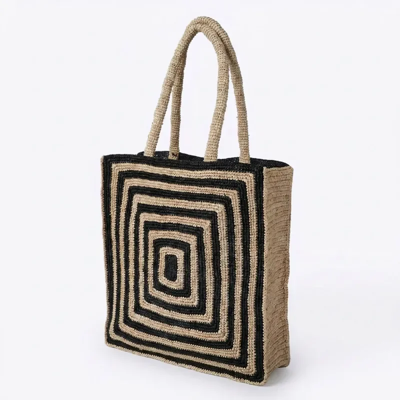 Striped raffia woven straw bag luxury handmade beach vacation tote large capacity for women seaside travel accessory view 2
