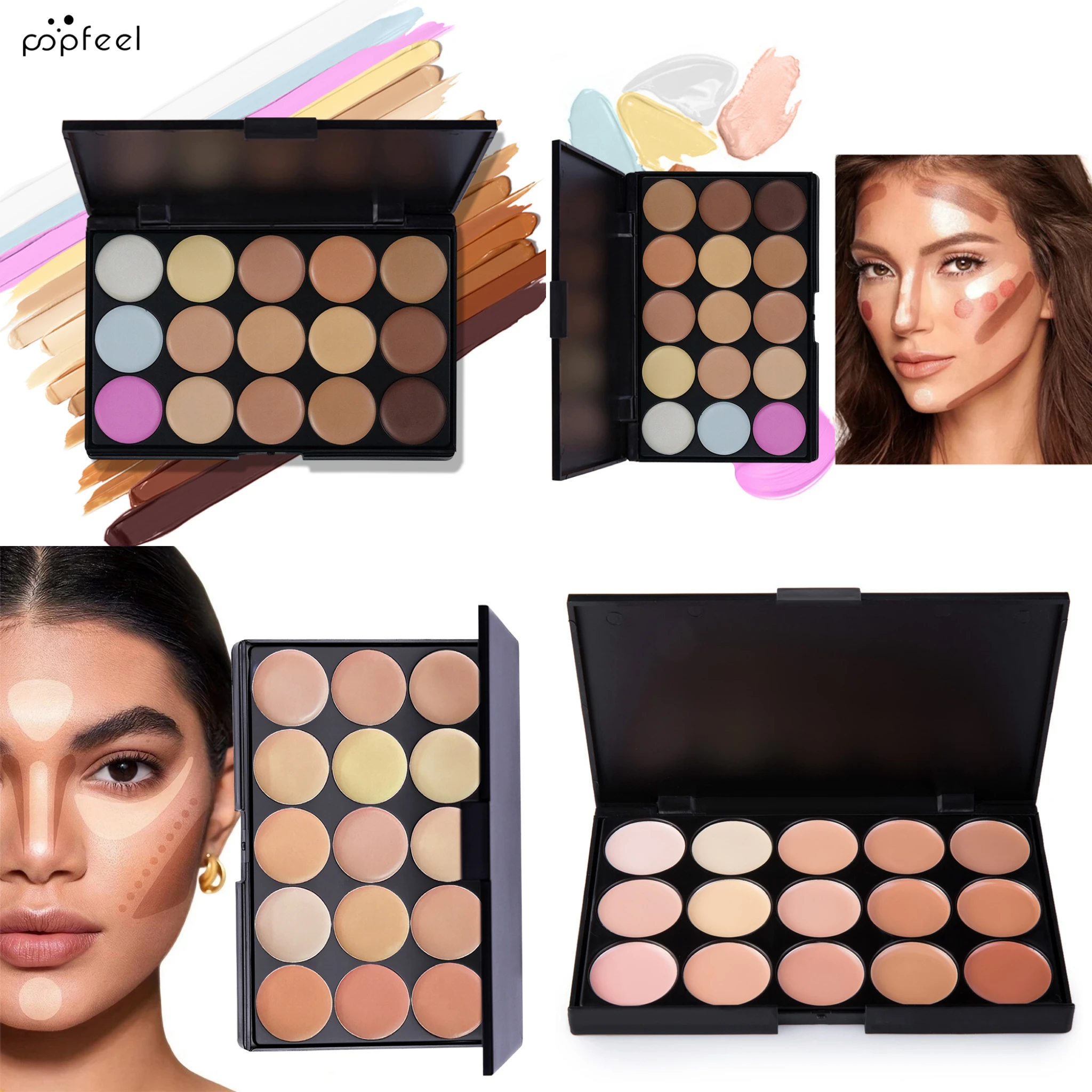 POPFEEL 15色コンターパレット - 多用途ハイライト、輪郭形成、コンシーラーキットで完璧な肌を実現 - 2色オプションあり