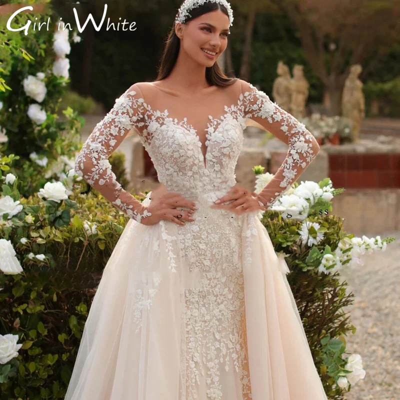 فستان زفاف دانتيل مخصص برقبة دائرية وأكمام طويلة 2025 فيستدوس دي نوفيا مزين بالدانتيل حورية البحر فساتين العروس رداء De Mariée