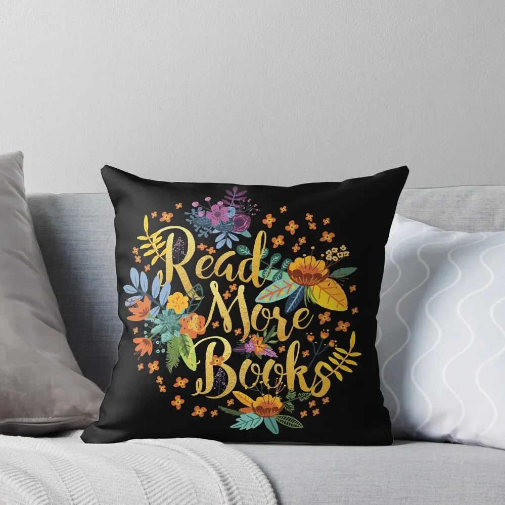 

Read More Books - Floral Gold - Black Throw Pillow