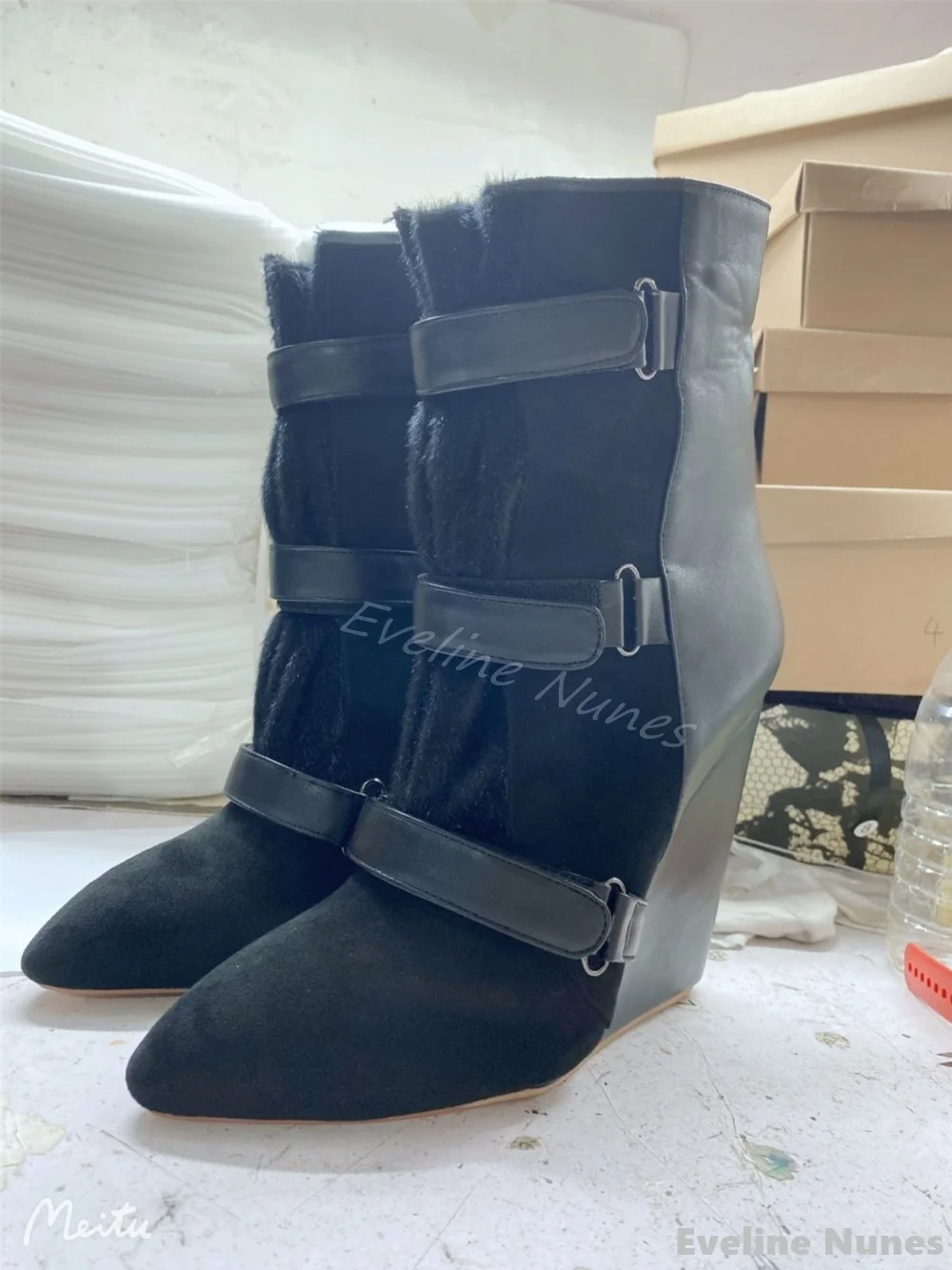 Wedges Hook & Loop Mid-calf Boots Women Round Toe Flannel Short Boots 2025 Winter Warm New Fashion Boots Large Size 34-46