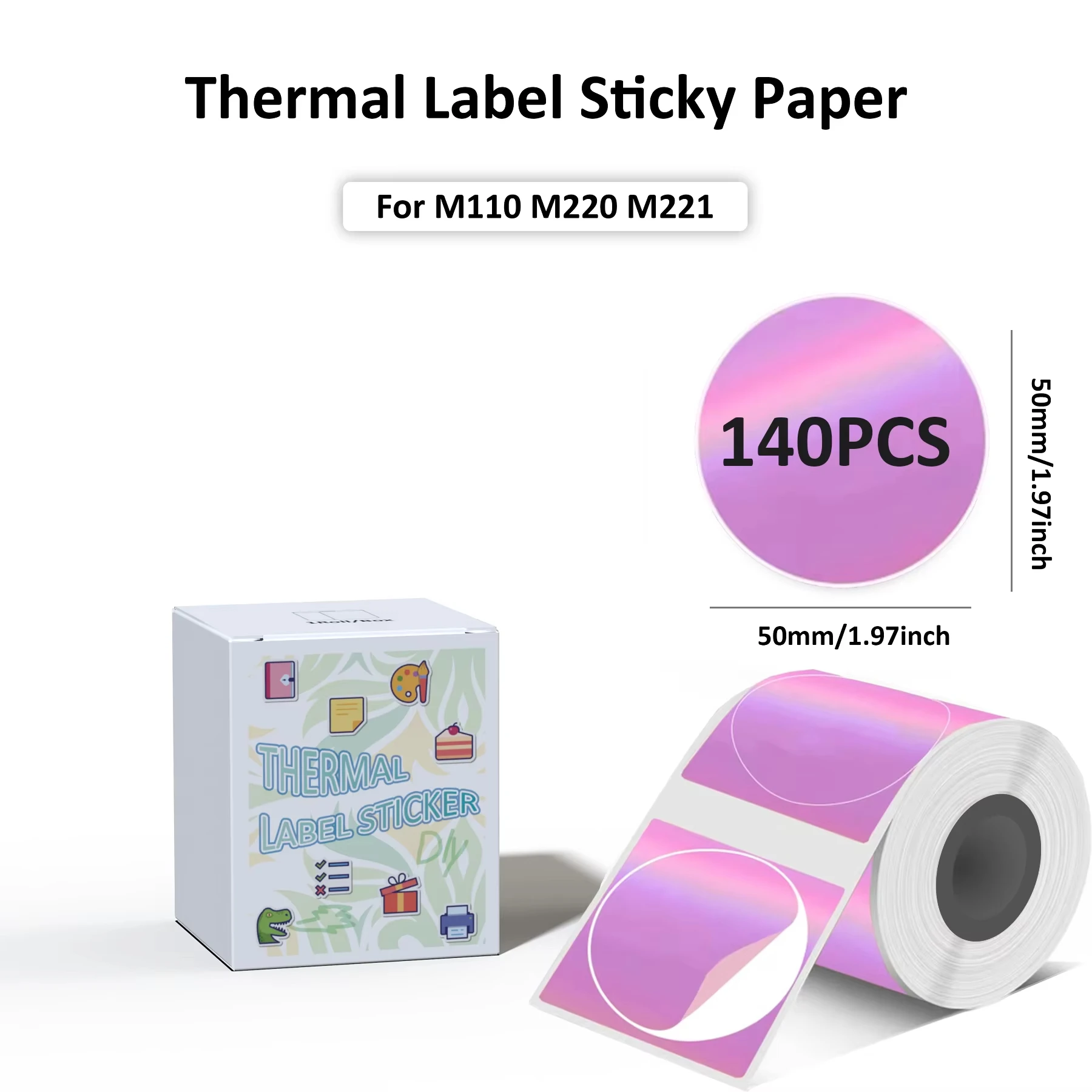 50mm Holographic Purple Thermal Round Stickers 140PCS Waterproof Self‑Adhesive Label Paper For M110 M220 M221 Mini Printer Gift