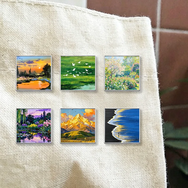 Customizable Nature Scenery Enamel Pin Collection Mountain Sea Lake Sunset Crane Oil Painting Brooch Lapel Badge Accessory