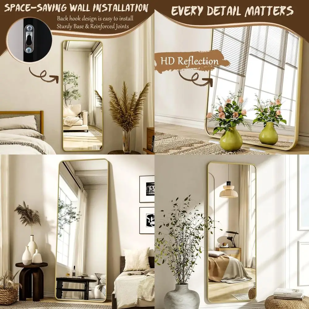 

56 x 21 Floor-Standing Full-Length Mirror with Rounded Edges, Gold Finish for Bedroom, Living Room, and Cloakroom