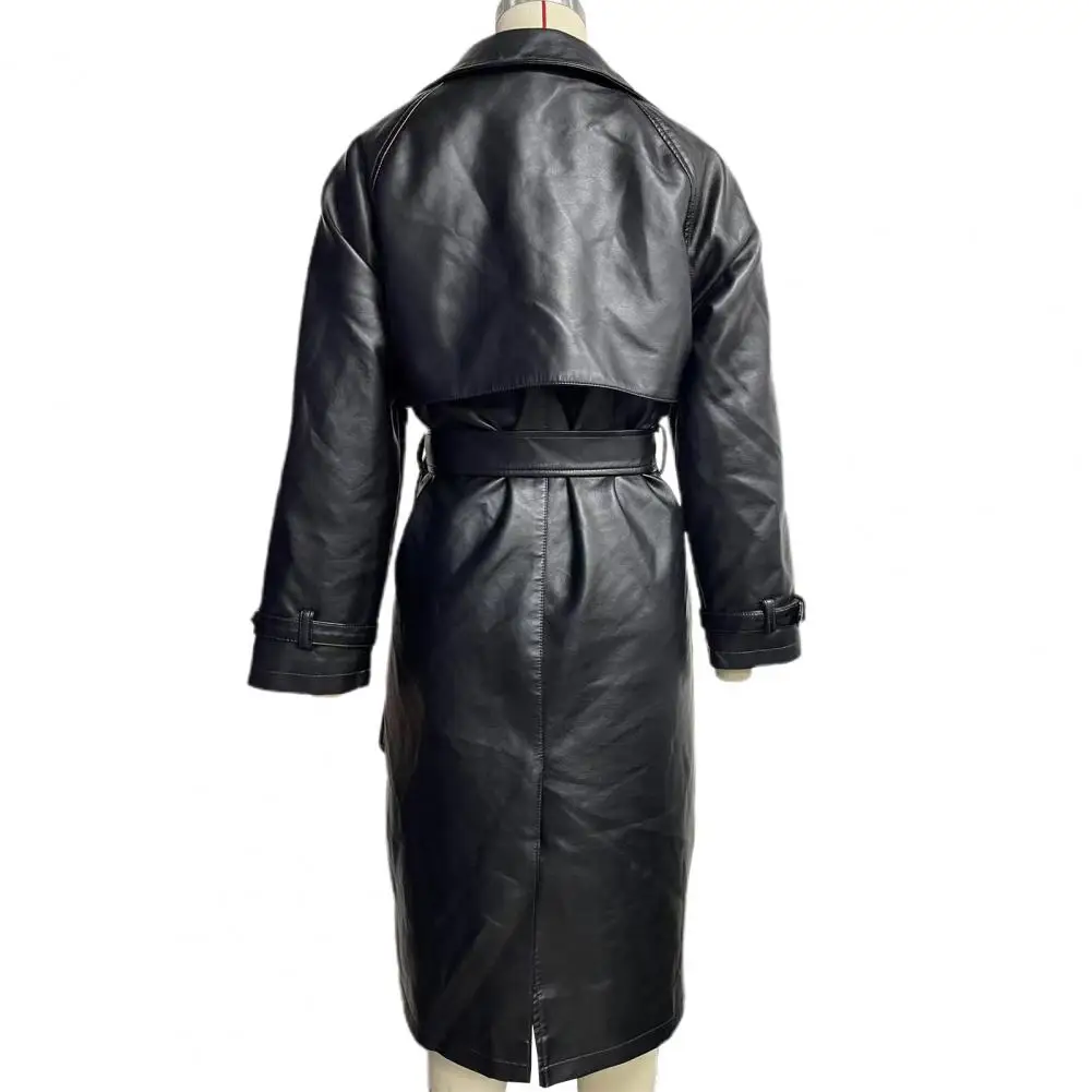 Winter Long Jacket Stylish Lace-up Belted Faux Leather Coat for Women Mid Length Windproof Jacket with Turn-down Collar Fall