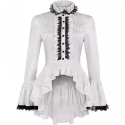 Elegant Women Slim Vintage Steampunk Ruffle Irregular Tops Lolita Lace Patchwork Blouse Flare Sleeve Single Breasted Shirts