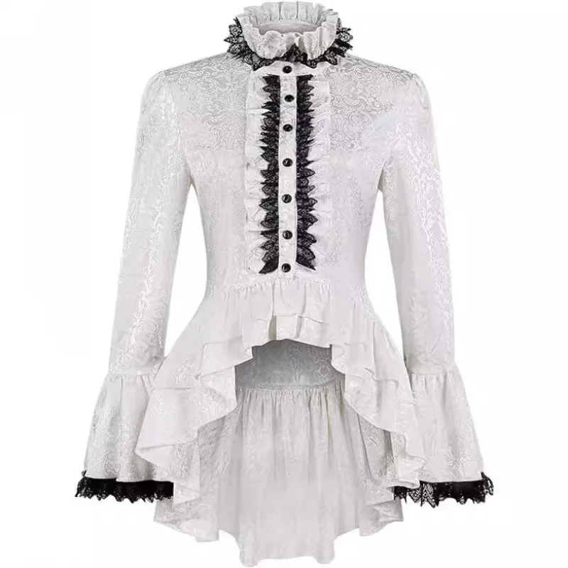 Elegant Women Slim Vintage Steampunk Ruffle Irregular Tops Lolita Lace Patchwork Blouse Flare Sleeve Single Breasted Shirts