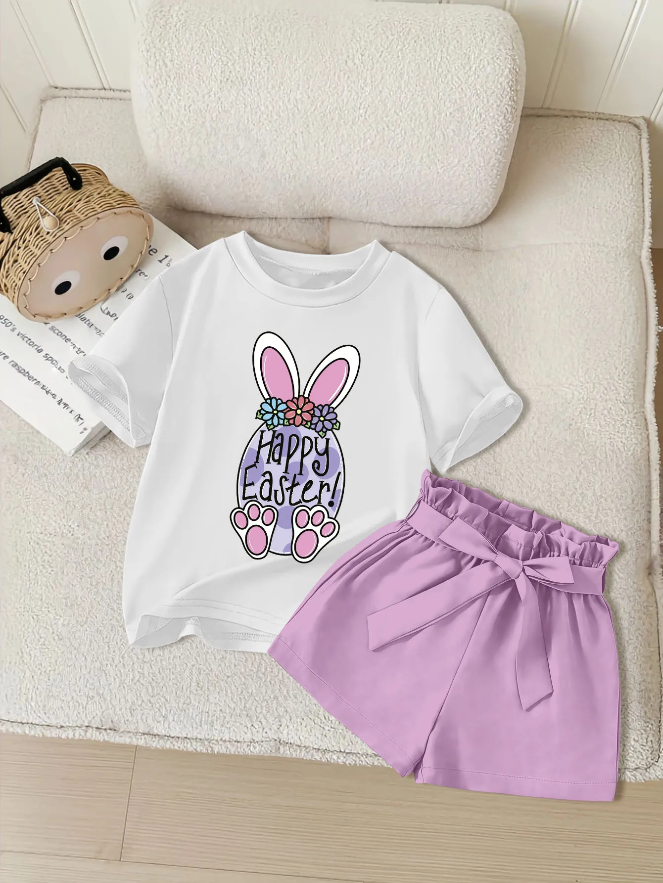 2 pieces:Easter-themed Summer Girls' Cute & Casual Round-Neck Short-Sleeve Bow Shorts Set with Cartoon Bunny & Easter Egg Prints