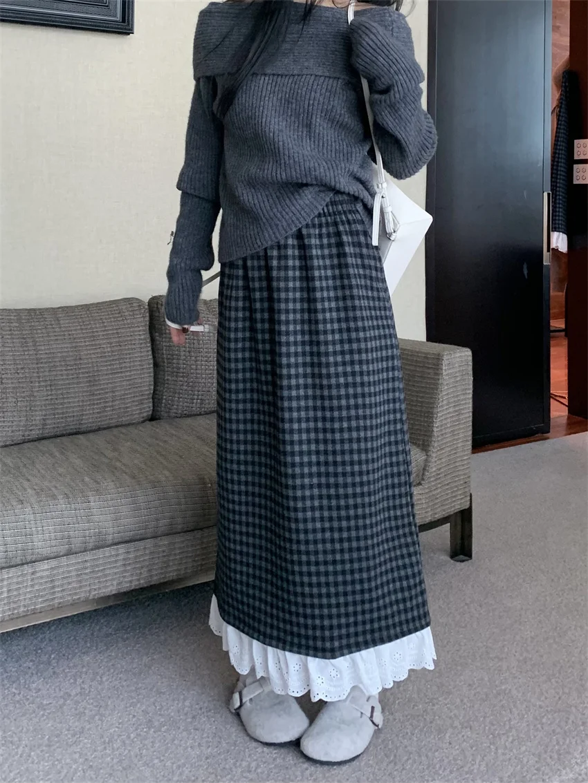 Alien Kitty Daily Plaid Inverno Maxi Gonne Donna Vintage Vita alta Slim Nuovo Allentato Office Lady Inverno Chic Casual Ruffles Dolce