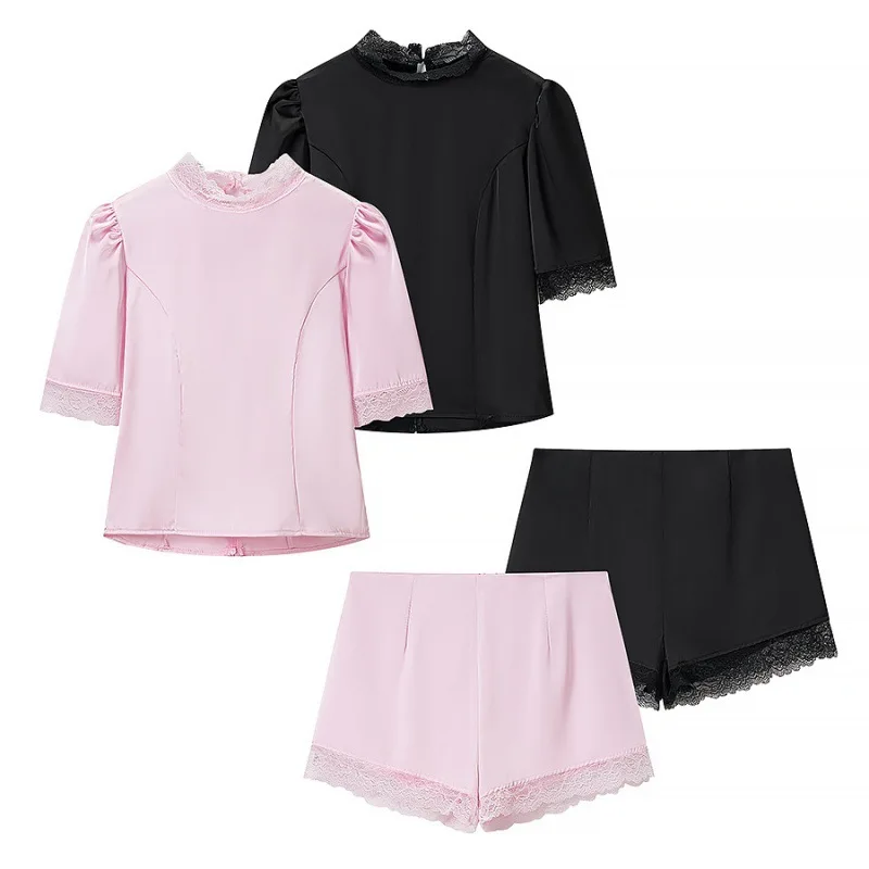 Withered Women's 2026 Summer European And American Style Fashion Casual Silk Texture Lace Splicing Set