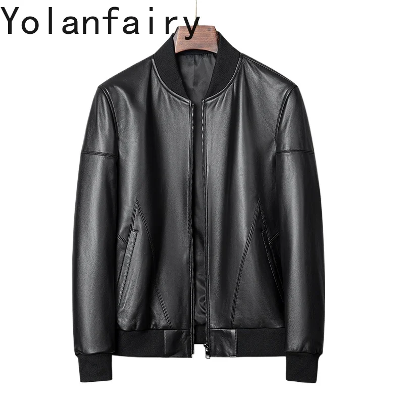 

YOLANFAIRY 2025 куртки из натуральной овчины, мужские куртки с бейсбольным воротником, съемное пуховое пальто с подкладкой, короткая мужская кожаная куртка