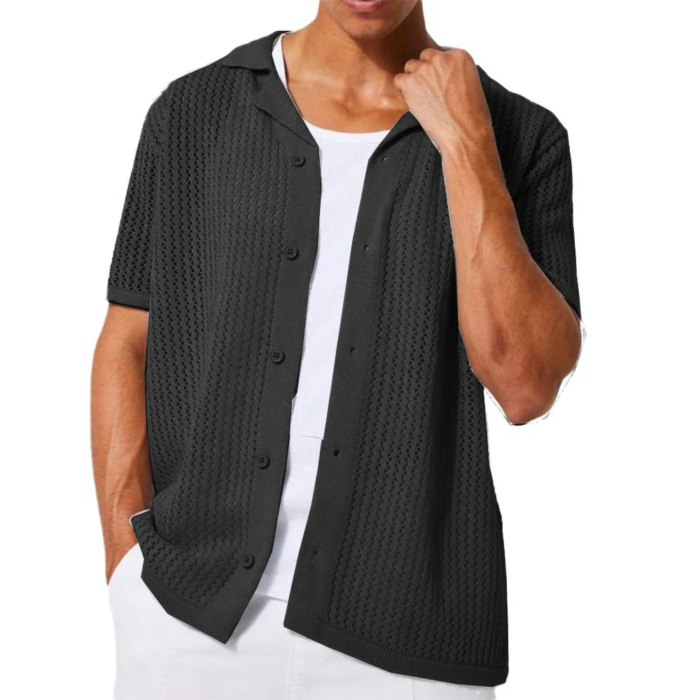 Mens Fashion Knitted Cardigan Summer Cool Hollow out Top Short Sleeve Shirt Lapel Button Loose Men\'s Knit Tshirt