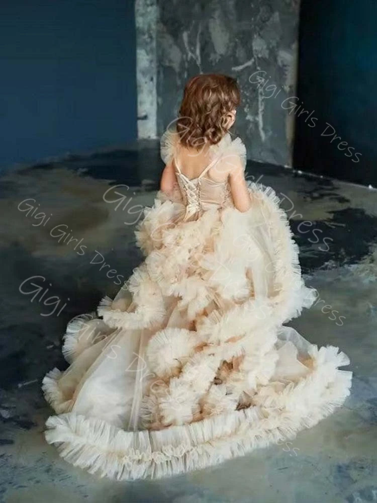 Champagne Girls Princess Pageant Dress Off Shoulder Tiered Tulle Flower Girl Dress for Wedding Kids Custom Birthday Party Gown