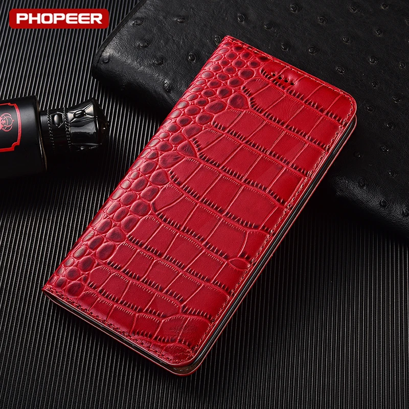 

Genuine Leather Crocodile Textured Phone Cases For Realme Note 50 60 60X 70T N53 N55 N61 N63 N65 Magnetic Flip With Card Pocket