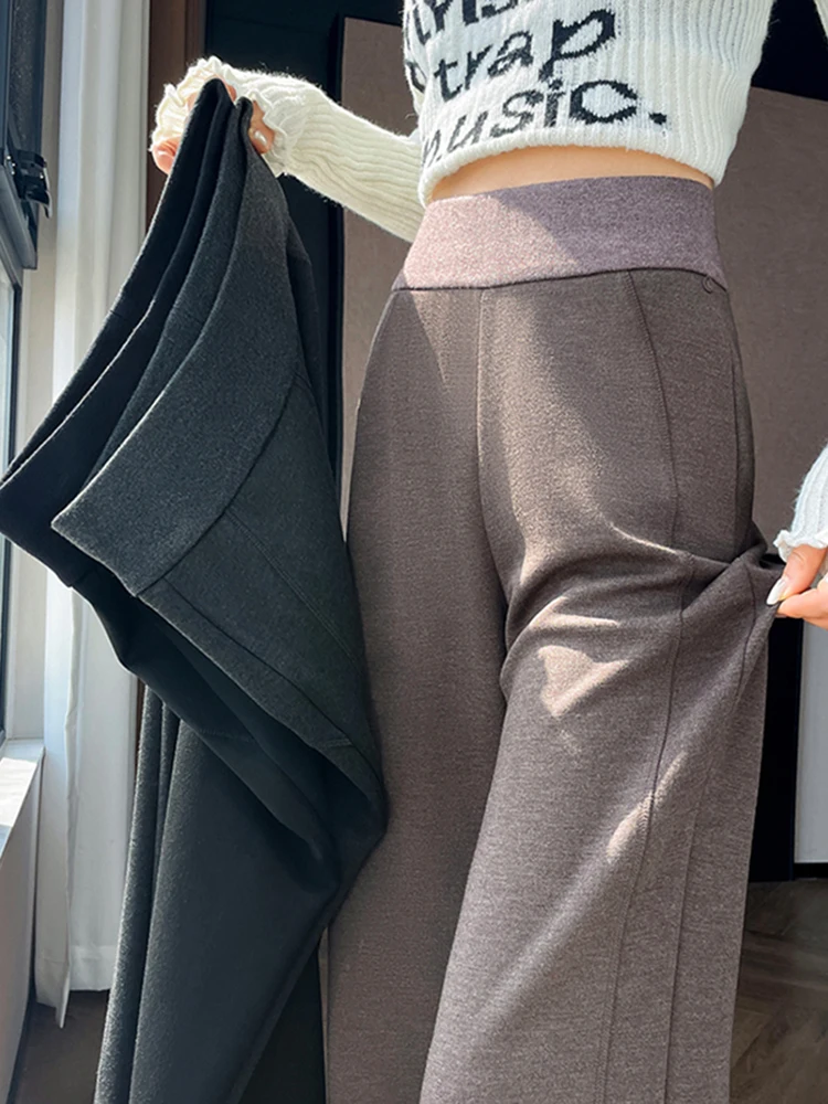 

High Waist Fce Lined Wide Leg Casual Pants Women's Winter Bootcut Trousers Floor Length Pants Slimming Effect Warm