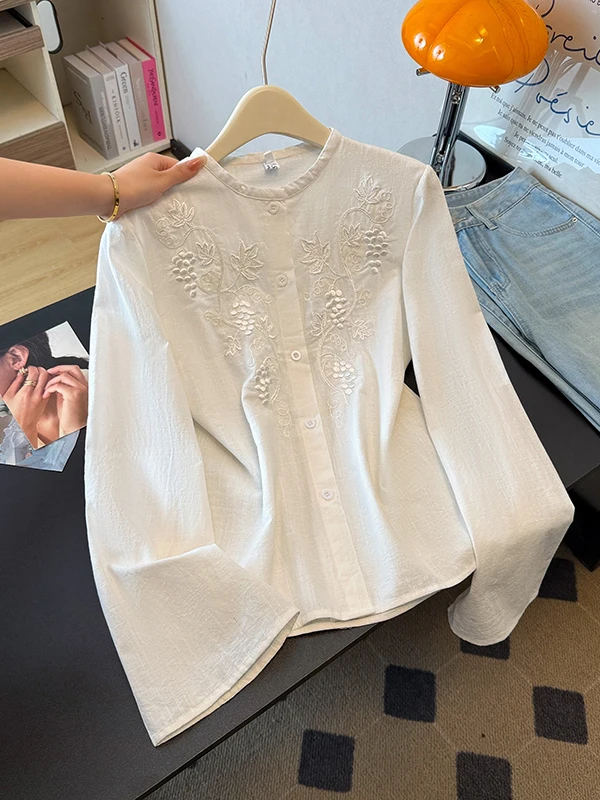 

White Heavy Embroidery Linen irt Large Size Women's Spring New Design Casual Simple Sle Commute Artistic Loose Fit Coat