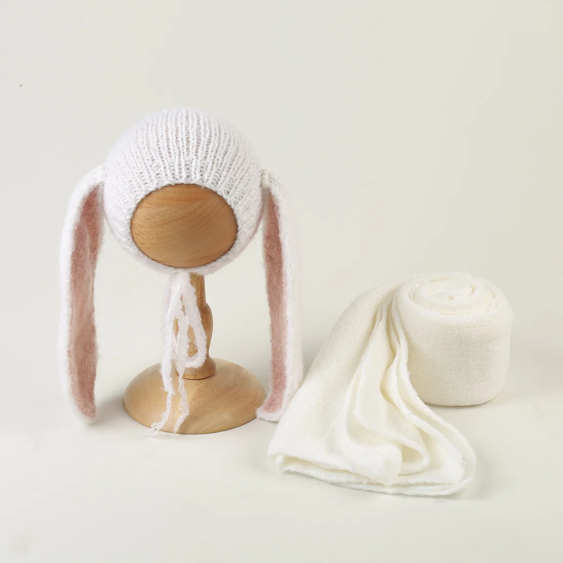 

Knit Stretch Wrap And Big Ears Bunny Bonnet Set Newborn Photography Props Soft Baby Rabbit Hat Photography Accessories