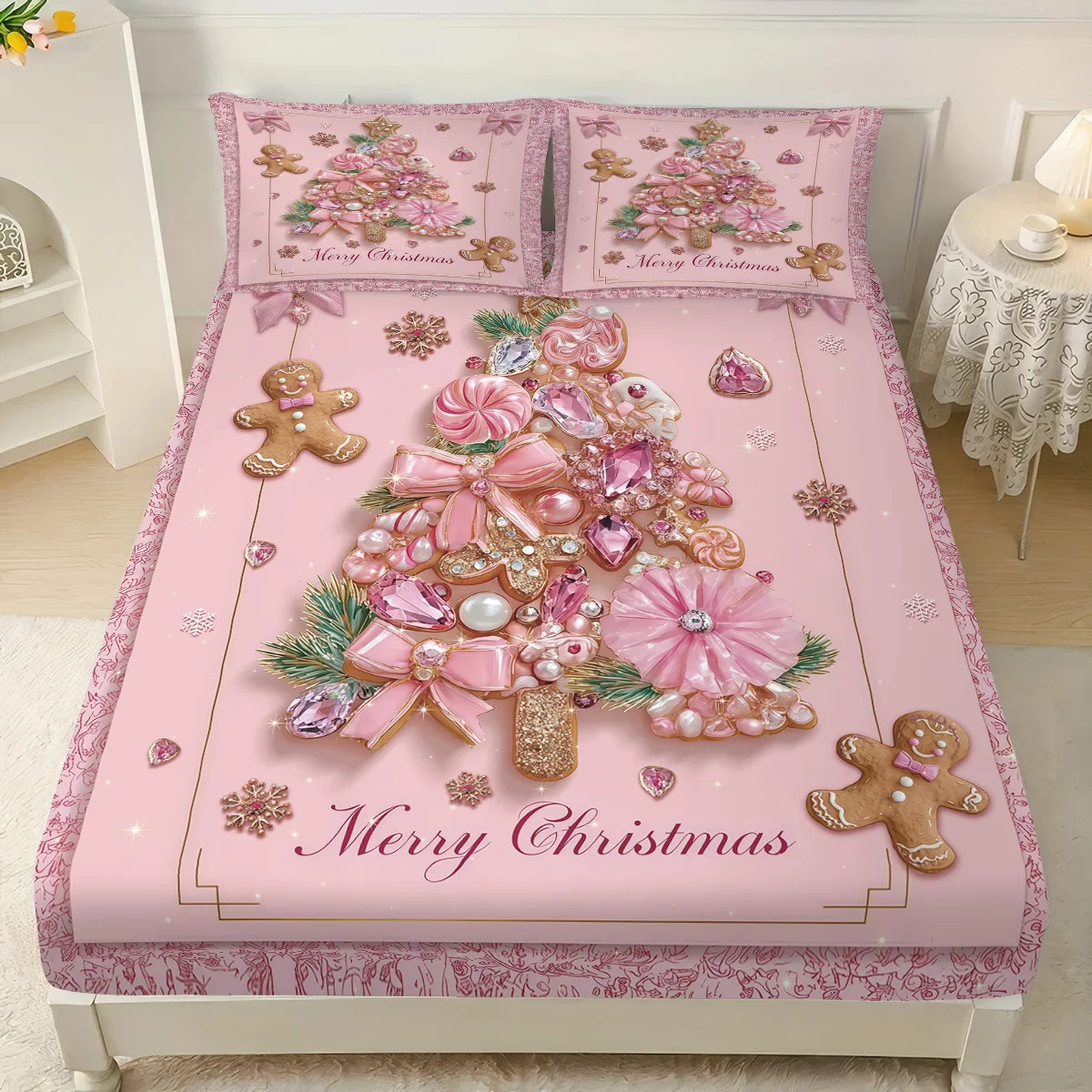 3pcs pink Christmas Tree Gingerbread man Print Coreless Bed Sheet Set Multi Size Bedcover Bedroom Bedding Holiday Decorations