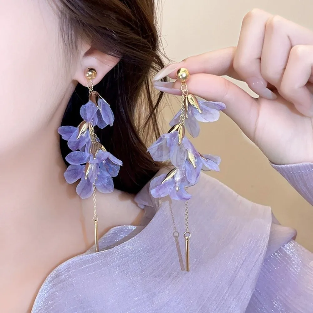 New Sweet Flower Earrings Organza Tassel Yarn Mesh Earrings Korean Style Blue Fashion Jewelry Women