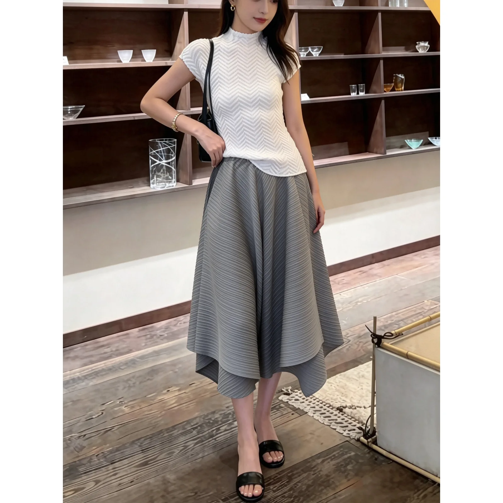 Miyake Pleated Midi Skirt for Women, Elastic Waist Diagonal Textured Pleat Irregular Asymmetrical Hem Flowy A‑Line Casual Skirt