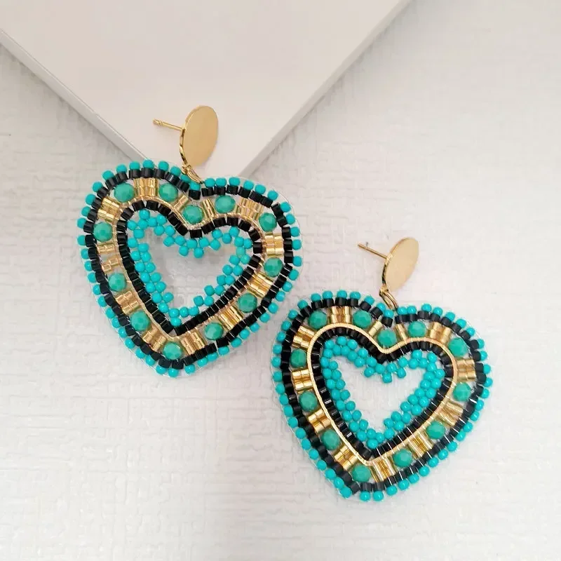 Bohemia Rice bead earrings Heart Versatile Blue-green Crystal Hand weaving Alloy Fashion Exaggeration Beaded Original design
