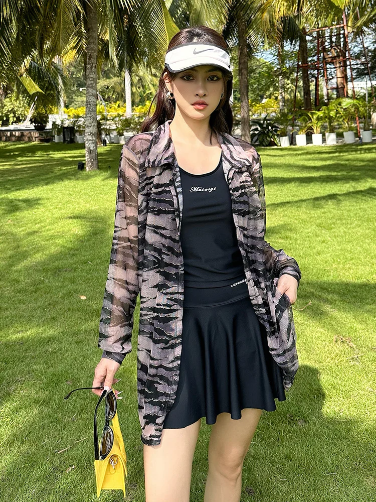 

Long Sve Swimsuit Cover up Zebra Print Tee Piece Set Separate Skirt Sle for Hot Spring Soaking Slimming Faion plus Size