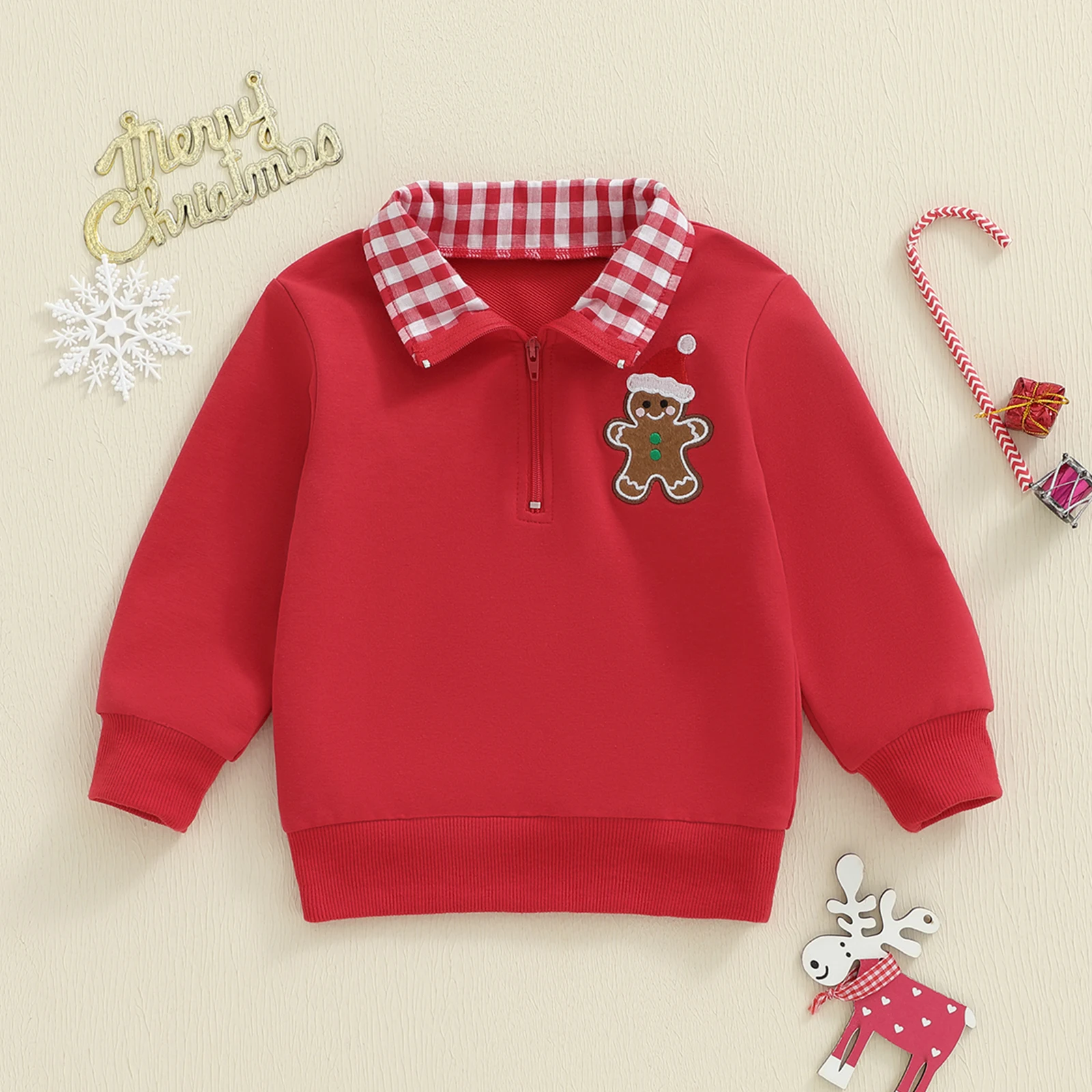 0-4Y Toddler Boy Christmas Sweatshirt Gingerbread Man Embroidery Long Sleeve Lapel Zip Front Pullover Loose Sweatshirts Tops