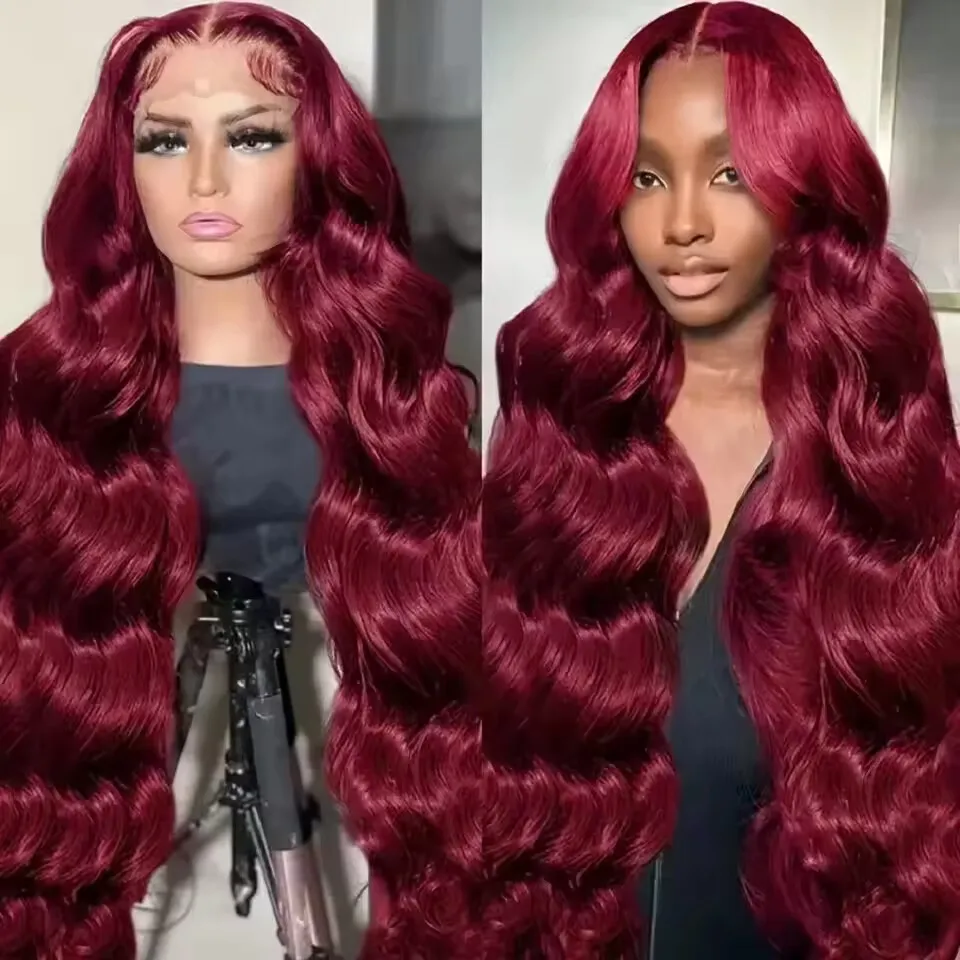 Peruca de Cabelo Humano com Renda Frontal HD 13x4, 44-46 Polegadas, Cor 99J, Ondas Corporais, Burgundy, Perucas Vermelhas para Mulheres