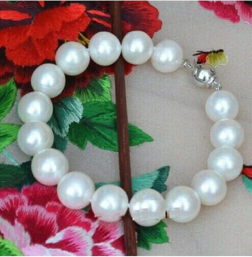 AAAA 11-12mm Natural South China Sea Round White Pearl Bracelet 7.5-8-inch 14K Clip-