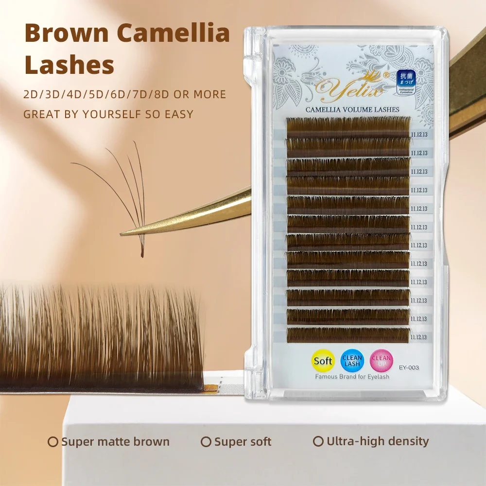 Yelix Brown Camellia Eyelash Extensions Mixed Length 0.07mm B/C/D/CC Curl Soft Natural Brown Eyelashes Volume Lashes