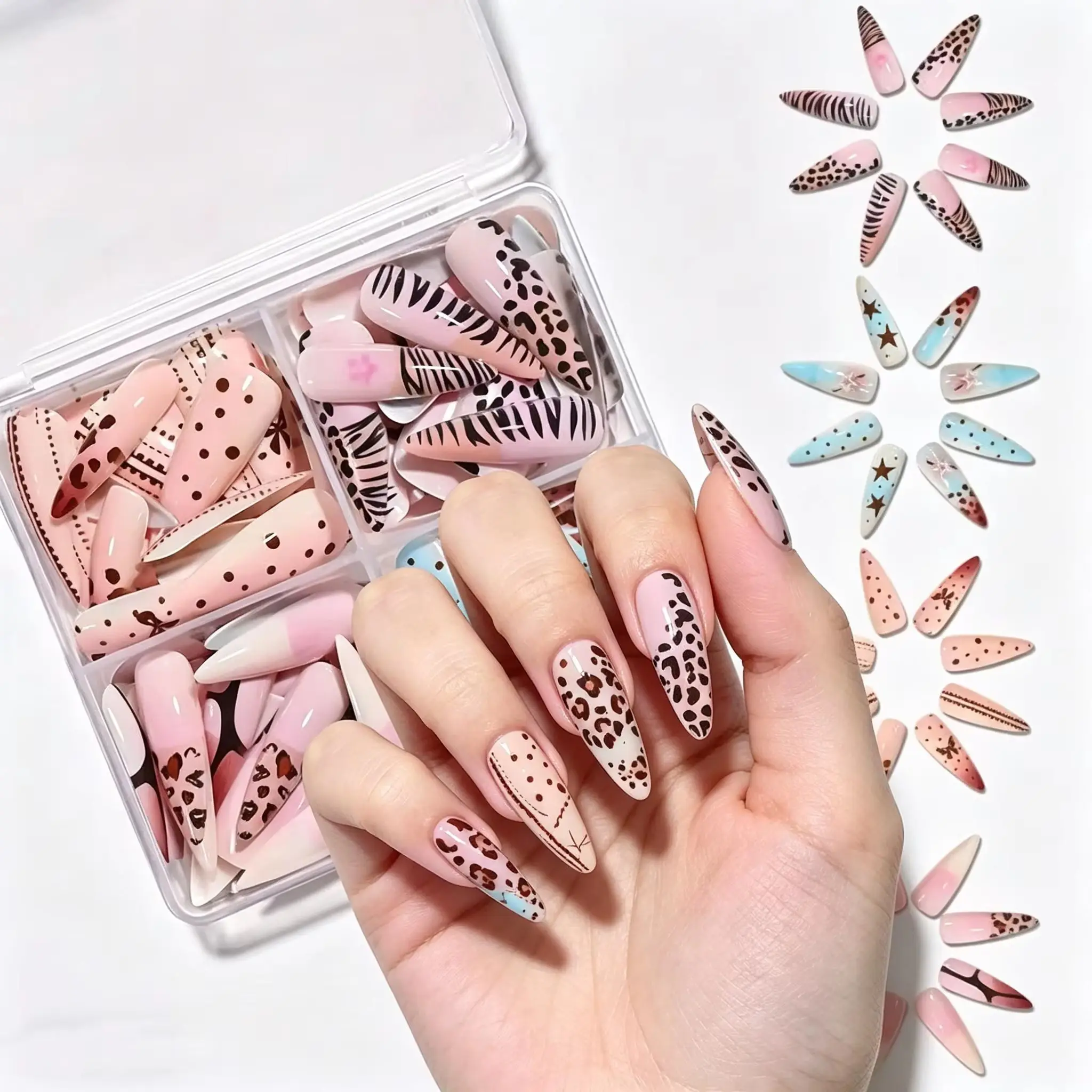 96Pcs Leopard/Zebra Print Fake Nails Long Stiletto False Nails with Cute Patterns Y2K False Nails Acrylic Quick Nail Extension *