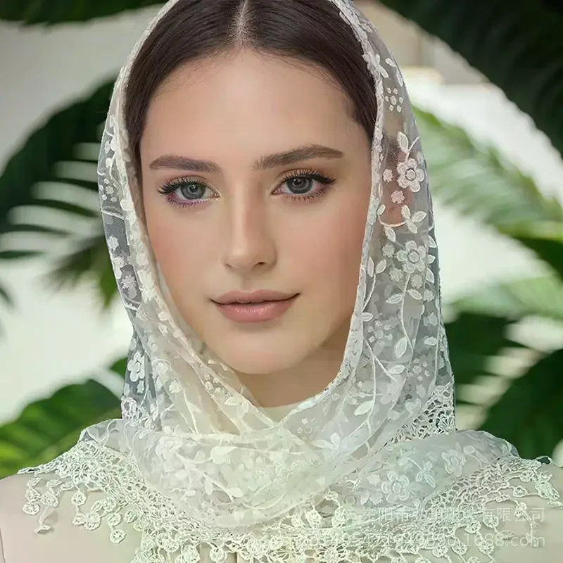 Elegant Lace Trim Wedding Hijab Skin-friendly Soft Shawl Veil for Bridesmaid Church Event Daily Outdoor Wear