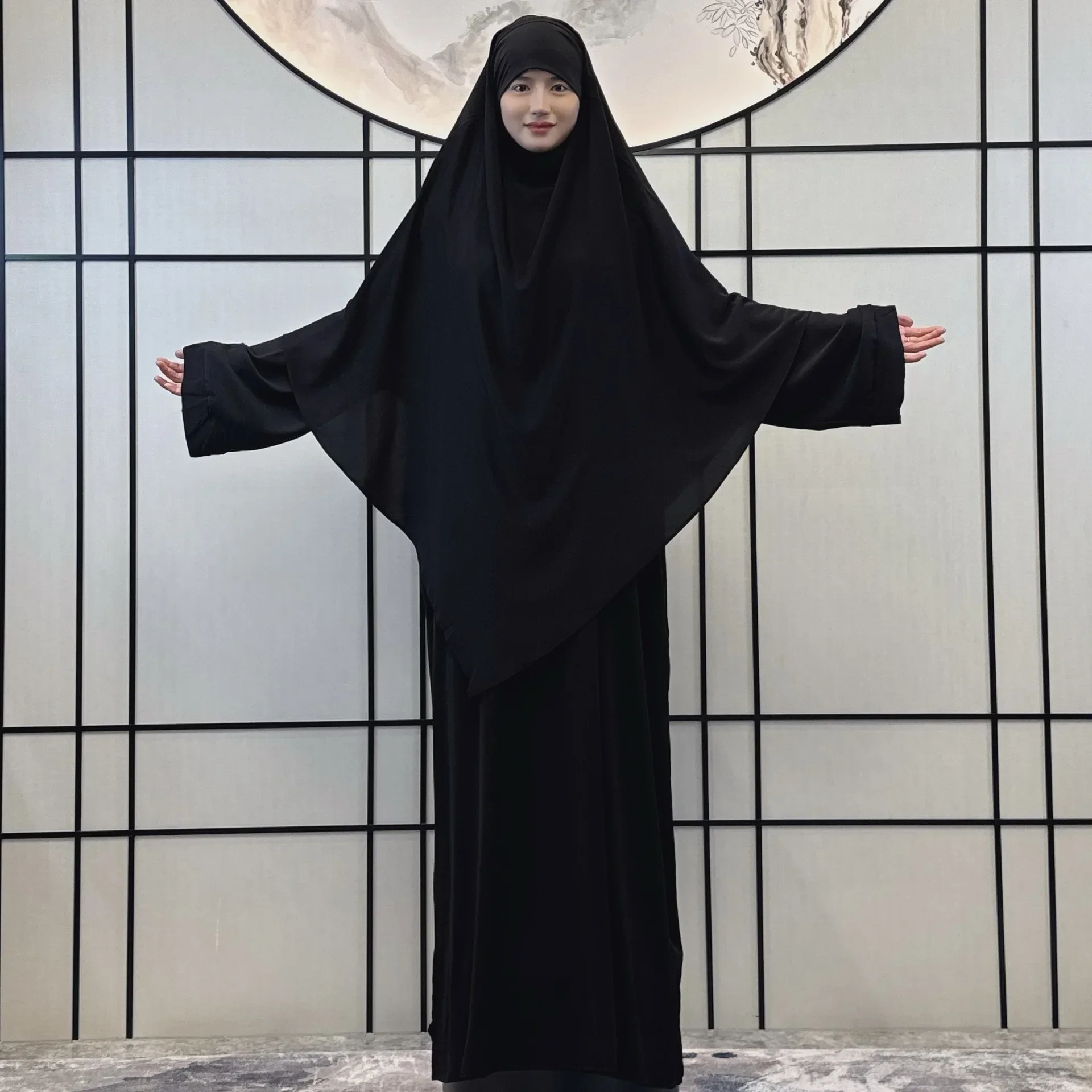 Ramadan Eid Abaya and Long Khimar Hijab Dress Jilbab 2 Piece Set Abayas for Women Dubai Muslim Prayer Outfit Islamic Niqab Burka