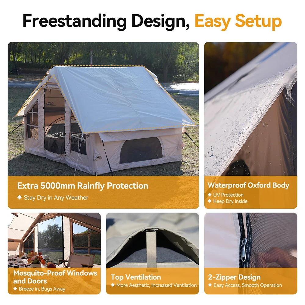 Inflatable Camping Tent 4-6 Person 4-Season Waterproof with Oversized Canopy & Pump Oxford Fabric Easy Setup Tent with Carry Bag