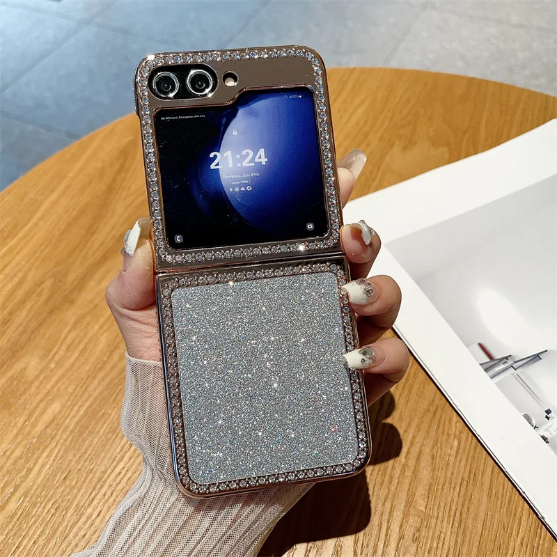 Luxury Diamond Case For Samsung Galaxy Z Flip 6 5 5G ZFlip6 Flip6 Flip5 Glitter Folding Shockproof Hard Plating Plastic Cover